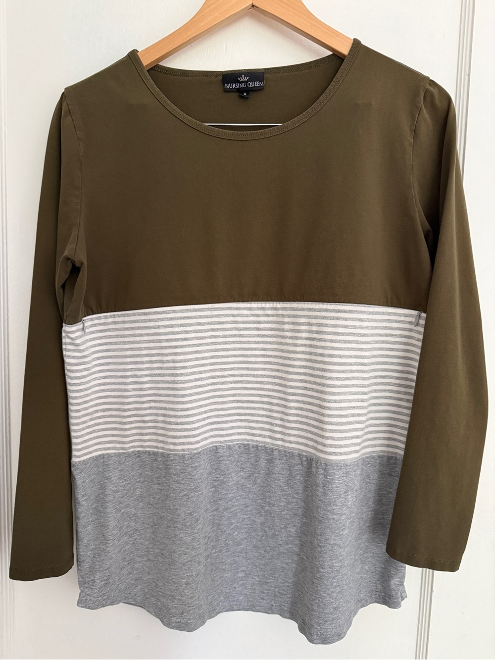 Nursing Queen Olive and Heather Gray Striped Panel Long Sleeve Top